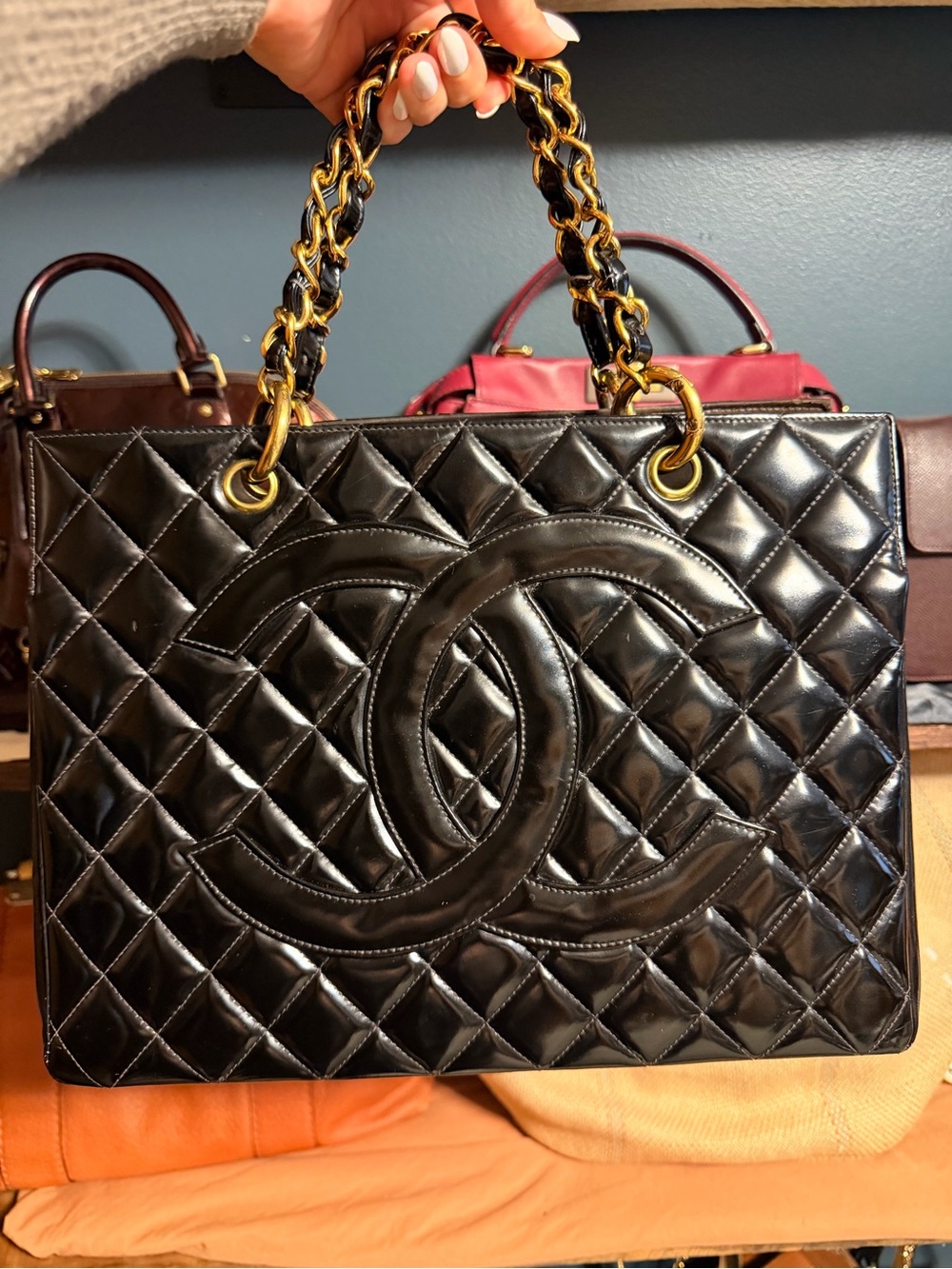 Chanel Grand Shopping Tote Patent Leather Logo Tote with Chain-Strap Handles